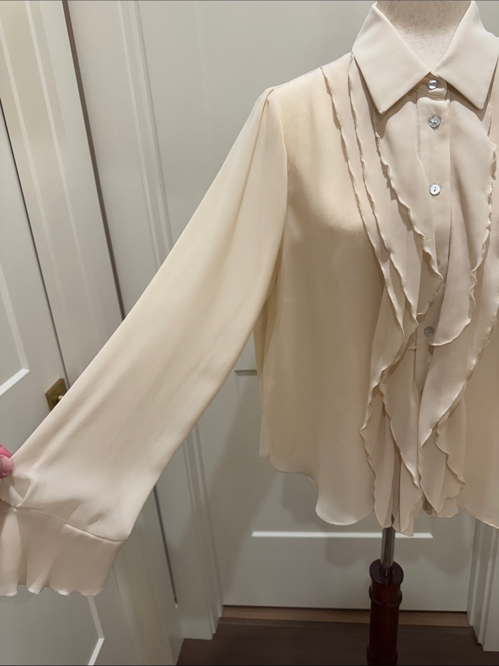 Zara Sheer Beige-Cream Ruffle-Front Blouse - Picture 3 of 5